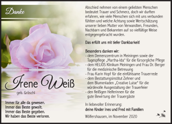 Traueranzeige von Irene Weiß von Südthüringer Presse