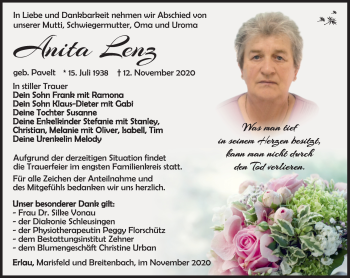 Traueranzeige von Anita Lenz von Südthüringer Presse