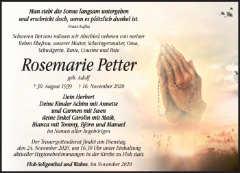 Traueranzeige von Rosemarie Petter von Südthüringer Presse