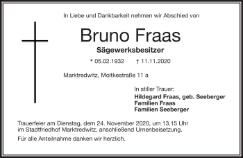 Traueranzeige von Bruno Fraas von Frankenpost
