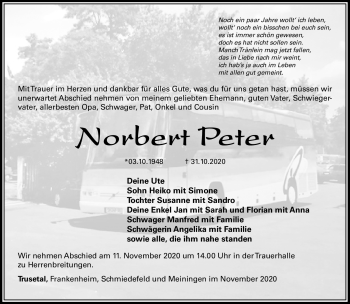Traueranzeige von Norbert Peter von Südthüringer Presse