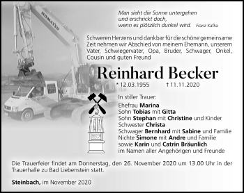 Traueranzeige von Reinhard Becker von Südthüringer Presse