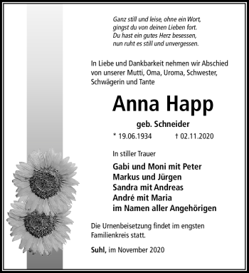 Traueranzeige von Anna Happ von Südthüringer Presse