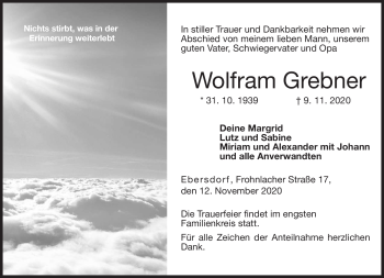 Traueranzeige von Wolfram Grebner von Neue Presse Coburg