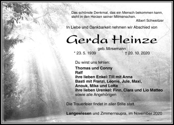 Traueranzeige von Gerda Heinze von Südthüringer Presse