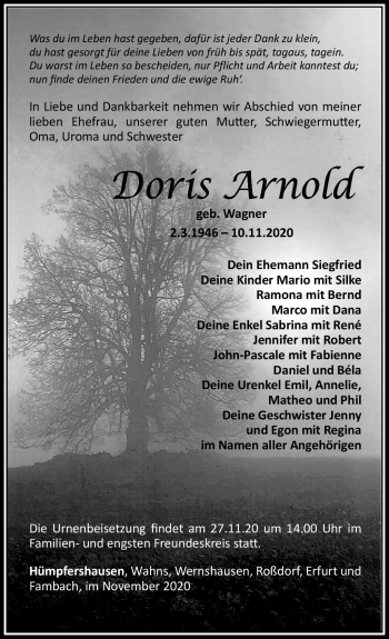 Traueranzeige von Doris Arnold von Südthüringer Presse