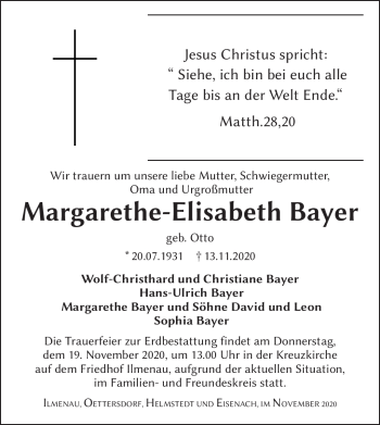 Traueranzeige von Margarethe-Elisabeth Bayer von Südthüringer Presse