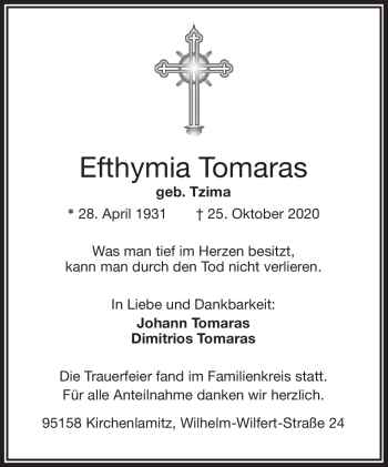 Traueranzeige von Efthymia Tomaras von Frankenpost