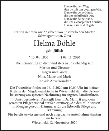 Traueranzeige von Helma Böhle von Neue Presse Coburg