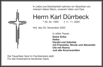 Traueranzeige von Karl Dürrbeck von Frankenpost