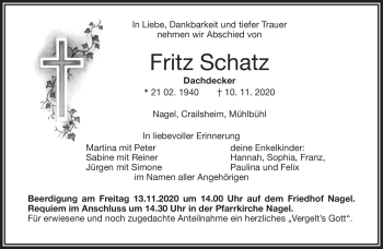 Traueranzeige von Fritz Schatz von Frankenpost