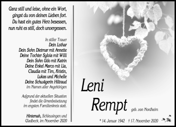 Traueranzeige von Leni Rempt von Südthüringer Presse