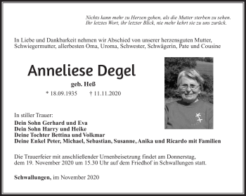 Traueranzeige von Anneliese Degel von Südthüringer Presse