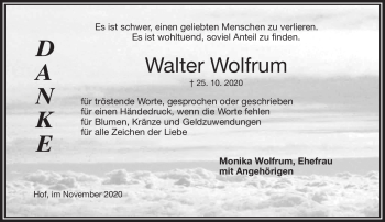 Traueranzeige von Walter Wolfrum von Frankenpost