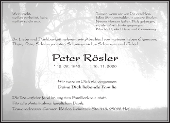 Traueranzeige von Peter Rösler von Frankenpost