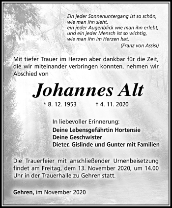 Traueranzeige von Johannes Alt von Südthüringer Presse