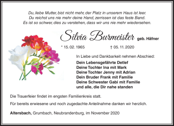 Traueranzeige von Silvia Burmeister von Südthüringer Presse
