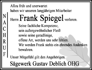 Traueranzeige von Frank Spiegel von Südthüringer Presse