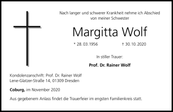 Traueranzeige von Margitta Wolf von Neue Presse Coburg