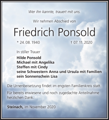 Traueranzeige von Friedrich Ponsold von Südthüringer Presse