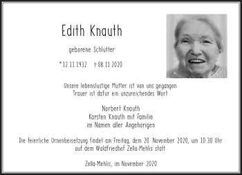 Traueranzeige von Edith Knaut von Südthüringer Presse