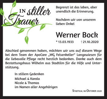 Traueranzeige von Werner Bock von Südthüringer Presse