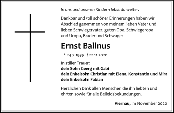 Traueranzeige von Ernst Ballnus von Südthüringer Presse
