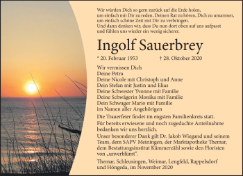 Traueranzeige von Ingolf Sauerbrey von Südthüringer Presse