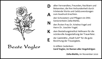 Traueranzeige von Beate Vogler von Südthüringer Presse
