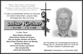 Traueranzeige von Lothar Kirchner von Südthüringer Presse