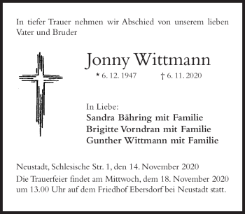 Traueranzeige von Jonny Wittmann von Neue Presse Coburg