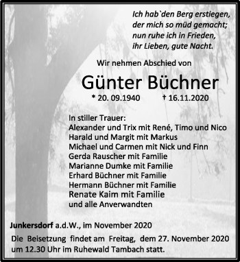 Traueranzeige von Günter Büchner von Neue Presse Coburg