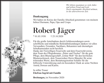 Traueranzeige von Robert Jäger von Südthüringer Presse