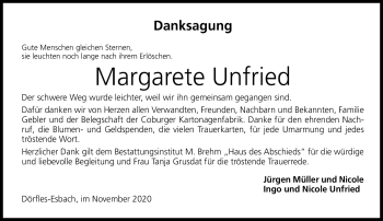 Traueranzeige von Margarete Unfried von Neue Presse Coburg