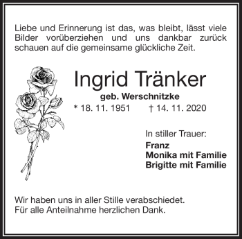 Traueranzeige von Ingrid Tränker von Frankenpost