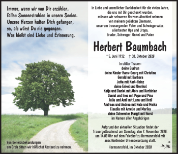 Traueranzeige von Herbert Baumbach von Südthüringer Presse
