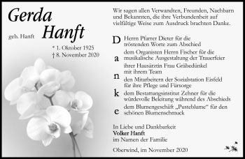 Traueranzeige von Gerda Hanft von Südthüringer Presse