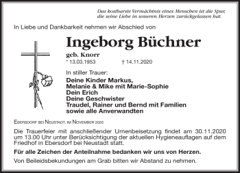 Traueranzeige von Ingeborg Büchner von Neue Presse Coburg