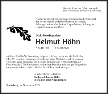Traueranzeige von Helmut Höhn von Südthüringer Presse