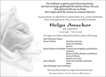 Traueranzeige von Helga Anacker von Südthüringer Presse
