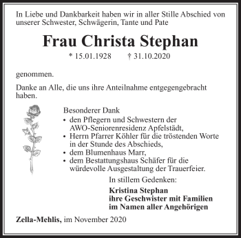 Traueranzeige von Christa Stephan von Südthüringer Presse