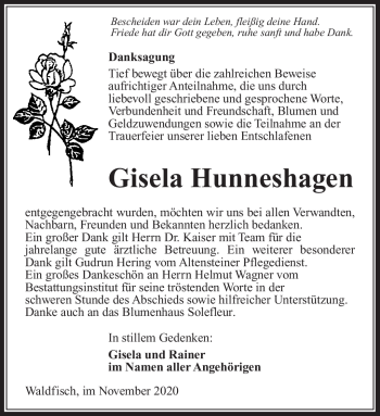 Traueranzeige von Gisela Hunneshagen von Südthüringer Presse