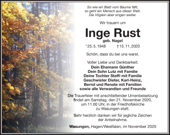 Traueranzeige von Inge Rust von Südthüringer Presse