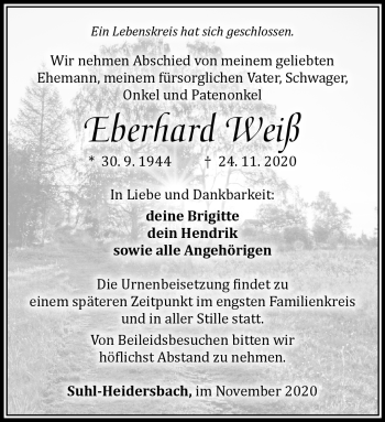 Traueranzeige von Eberhard Weiß von Südthüringer Presse
