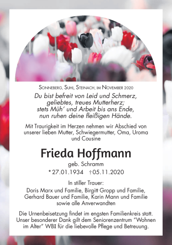 Traueranzeige von Frieda Hoffmann von Südthüringer Presse