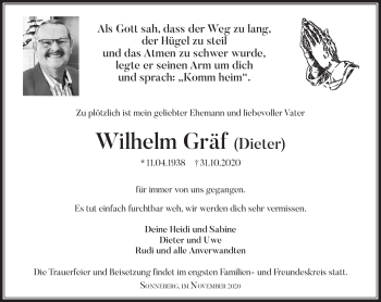 Traueranzeige von Wilhelm Gräf von Südthüringer Presse