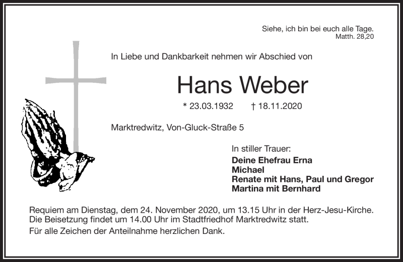  Traueranzeige für Hans Weber vom 21.11.2020 aus Frankenpost