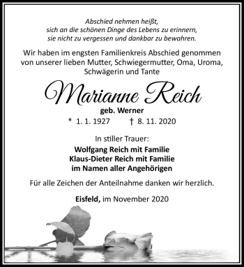 Traueranzeige von Marianne Reich von Südthüringer Presse