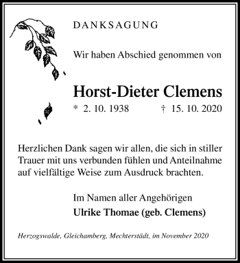 Traueranzeige von Horst-Dieter Clemens von Südthüringer Presse