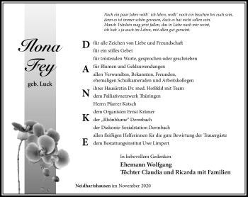 Traueranzeige von Ilona Fey von Südthüringer Presse